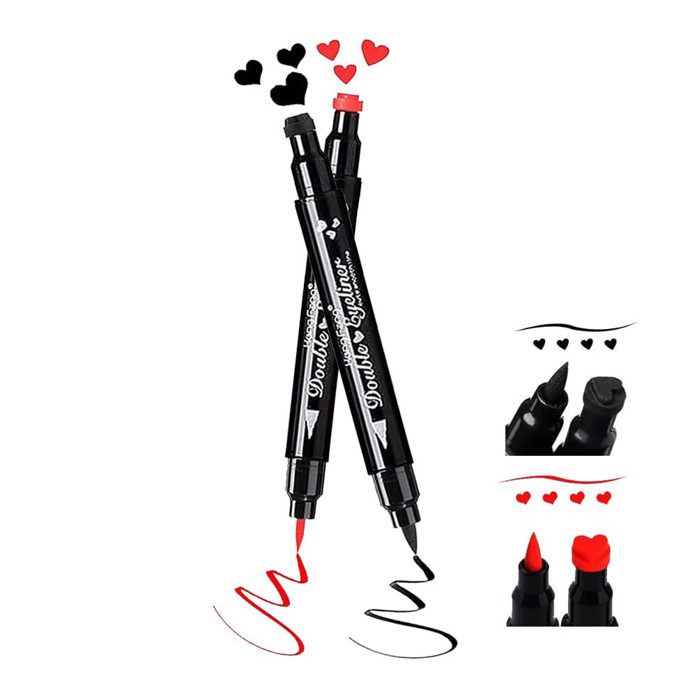 2 Pcs Liquid Eyeliner Stamp Set, Double-side Ultra-Fine Eye Liners Pen Waterproof, Long-lasting Eyeliner with Black Heart-shaped &amp; Red Heart-shaped, Eye Liners Makeup Tools Quick DryingRed  Black