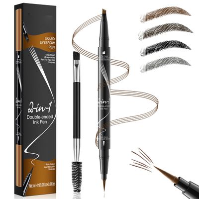 DEFSAP Microblading Eyebrow Pen - Eyebrow Pencil Magical 2-in-1 Dual-Ended Eye Brow Pencils for Women with 4-Fork-Tip &amp; Single Tip and Double-Ended Eyebrow Brush Last All-Day(Light Brown)