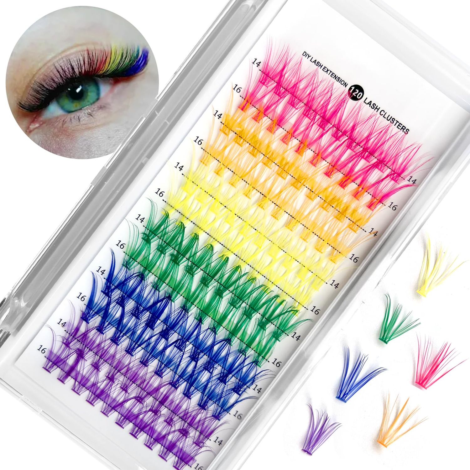 MUIIGOOD Colored Lash Extension Kit 120 Pcs DIY Lash Clusters Individual 14mm 16mm Mixed 6 Colors Soft False D Curl Eyelashes Rainbow Colorful Cluster Lashes Reusable Fluffy Lash for Women Girls