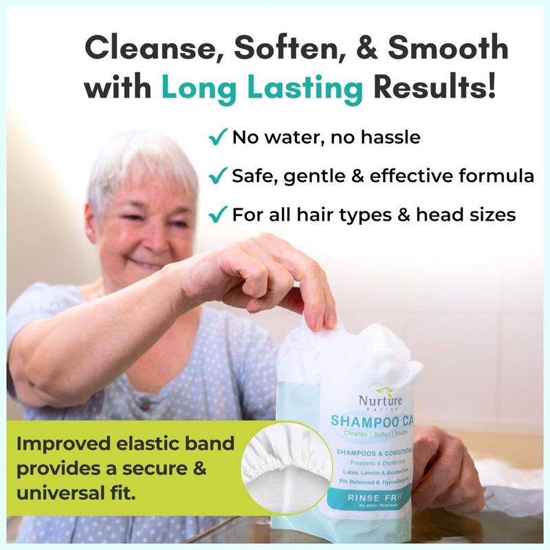 No Water Rinse Free Shampoo Cap by Nurture | Microwavable Hair Washing &amp; Conditioning Shower Caps | Waterless Bathing | Disposable &amp; Hypoallergenic for Adults, Bedridden &amp; Elderly