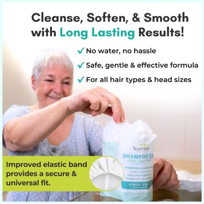 No Water Rinse Free Shampoo Cap by Nurture | Microwavable Hair Washing & Conditioning Shower Caps | Waterless Bathing | Disposable & Hypoallergenic for Adults, Bedridden & Elderly