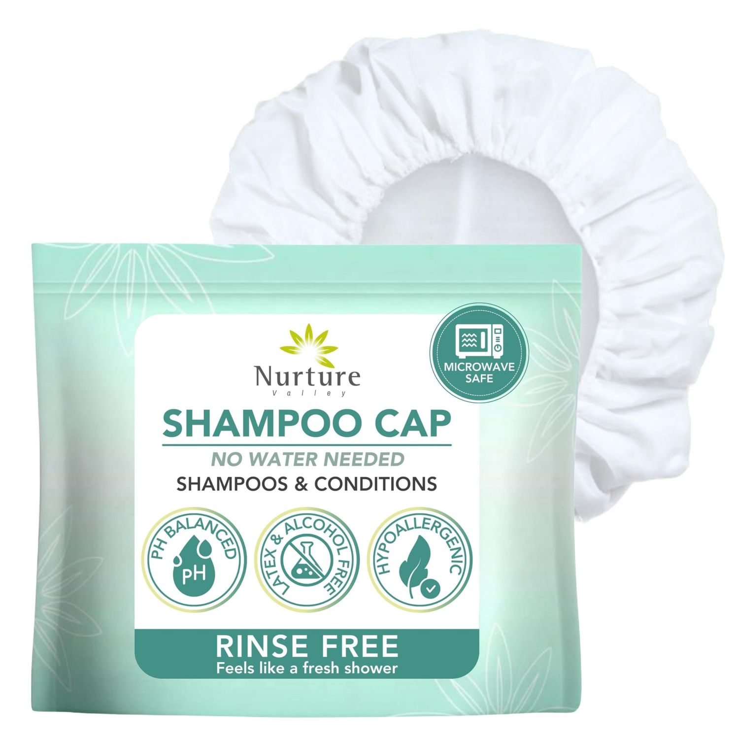 No Water Rinse Free Shampoo Cap by Nurture | Microwavable Hair Washing &amp; Conditioning Shower Caps | Waterless Bathing | Disposable &amp; Hypoallergenic for Adults, Bedridden &amp; Elderly