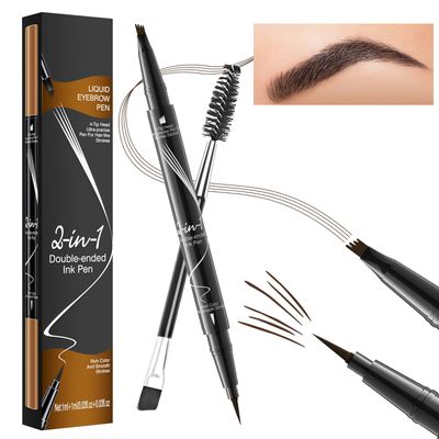 LOKFAR Microblading Eyebrow Pen, 2-In-1 Dual-Ended Waterproof Eyebrow Pencil with 4-Fork-Tip &amp; Ultra-Precise Tip, and an Angled Eyebrow Brush, Eye Brow Pencils for Women -Dark Brown