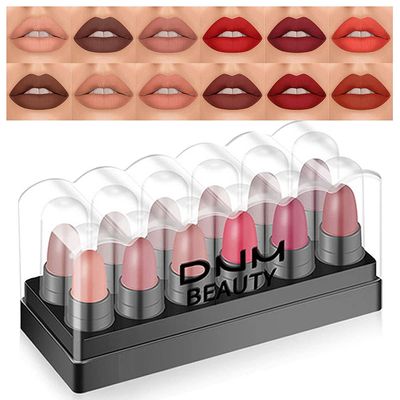 HAOYA 12Pcs Mini Capsule Makeup Lipstick Pills Mini Set Matte Lip Stain Makeup Set Women Brown Dark Red Matte Matt Lipsticks Cute Lip Stick Purse Set labiales matte larga duracion (SET03)