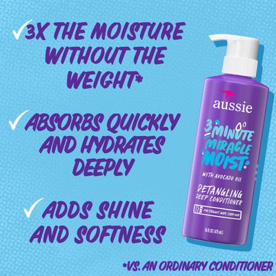 Aussie 3 Minute Miracle Moist Deep Conditioner for Dry Hair, Avocado &amp; Jojoba Oil, Safe for Color Treated Hair, Nourishing Hydration, Silky Shine, Paraben-Free, 16 Fl Oz Each, Triple Pack