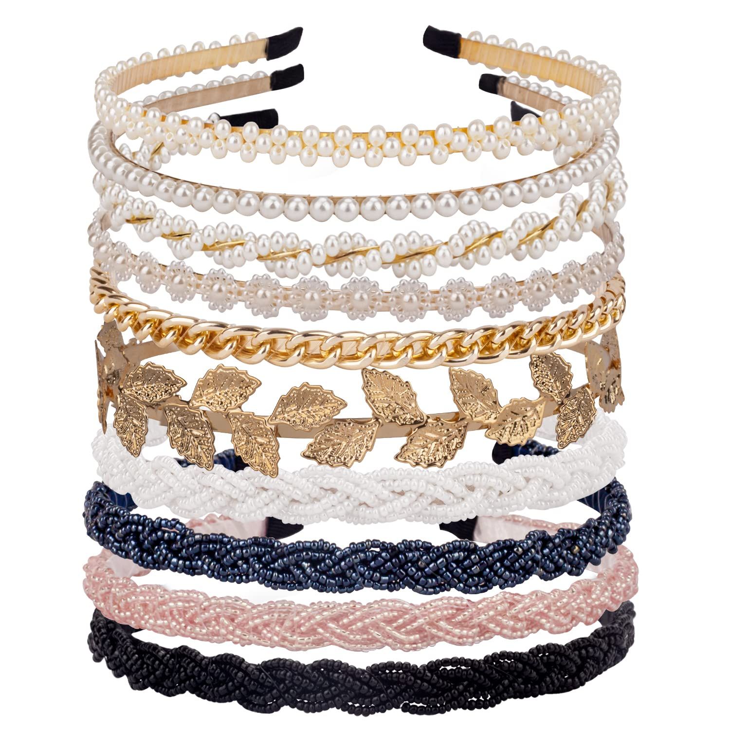 LYroo Pearl Headbands Beaded Headband Metal Head Bands No Slip Hair Accessories for Women Girls,10 Pack