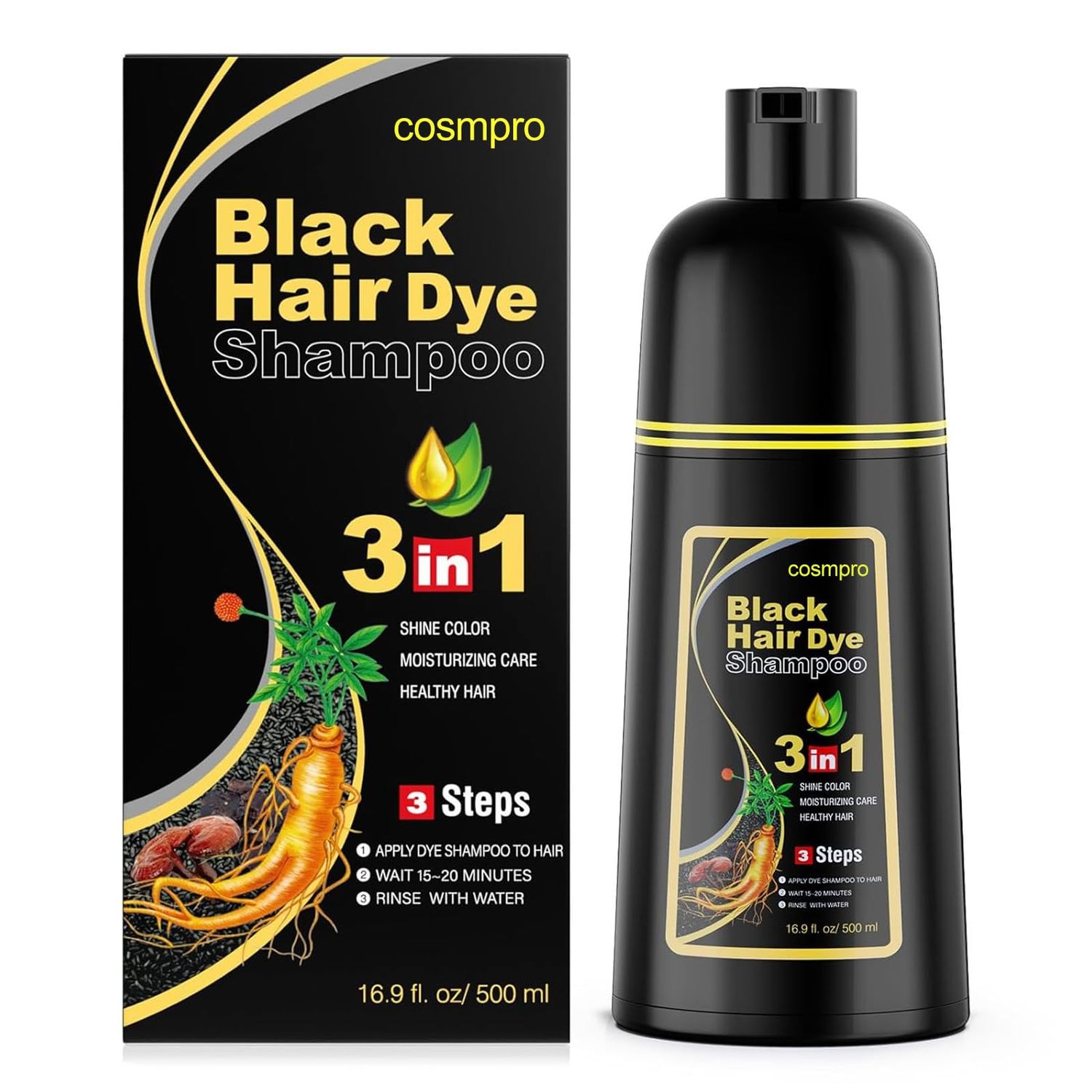 cosmpro Black Hair Dye Shampoo 3 in 1 for Gray Coverage for WomenMen Instant Hair Color Shampoo Natural Herbal Semi Permanent Champu Para Canas