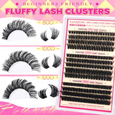 FANXITON Lash Clusters Thick Fluffy Lash Clusters D Curl Volume Lash Clusters 80D100D120D Eyelash Clusters 10-18mm Eye Lash Clusters Wispy Individual Lashes Waterproof Clusters Eyelash Extensions