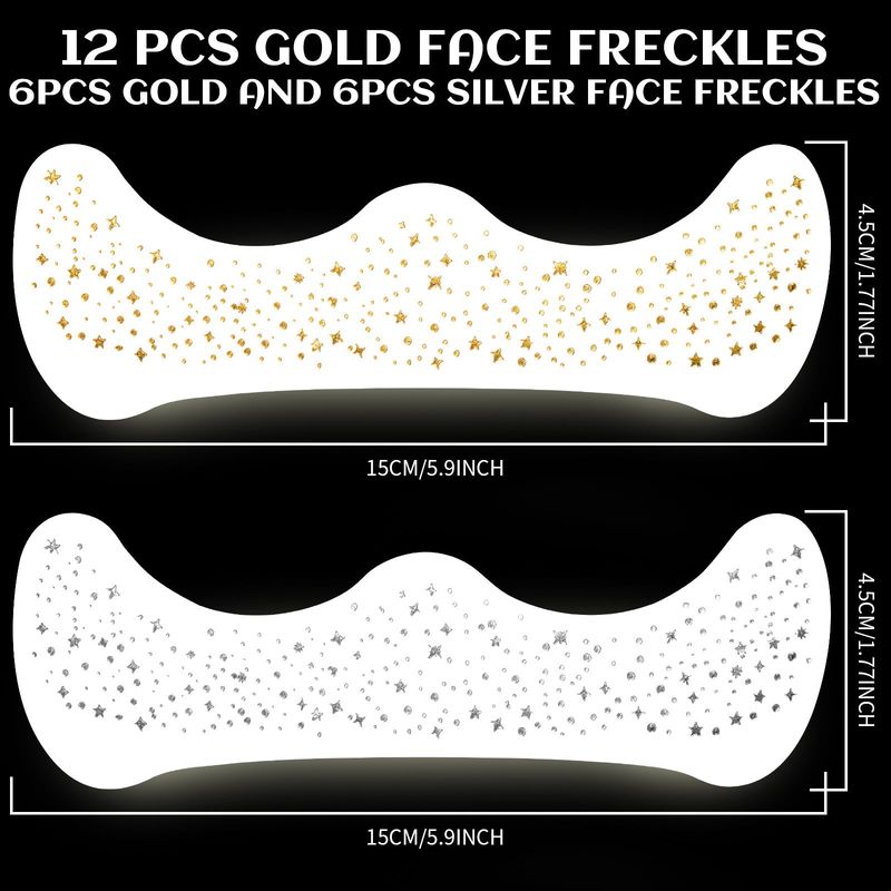 Gootaimi 12Pcs Glitter Freckles, Gold Glitter Freckles Silver Freckles, Face Glitter for Women Makeup Patches, Makeup Gold Freckles Fake Freckles Glitter for Women Gold and Silver