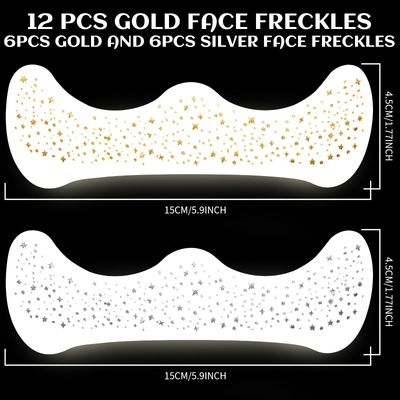 Gootaimi 12Pcs Glitter Freckles, Gold Glitter Freckles Silver Freckles, Face Glitter for Women Makeup Patches, Makeup Gold Freckles Fake Freckles Glitter for Women Gold and Silver