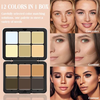LSxia 12 Colors Cream ContourConcealer Makeup Palette for Cheeks - Multi-functional Makeup Palette with Brush, Natural Matte Long Wearing, Waterproof Blendable Face Makeup Palette (#03)