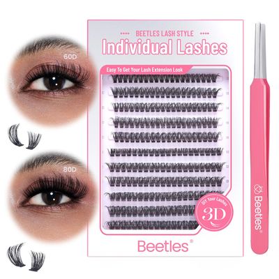 Beetles Lash Clusters with Tweezer 60D 80D False Eyelashes 280pcs Individual Lashes 3D 9-18mm Cluster Eyelash Extensions D Curl Eyelash Clusters DIY Cluster Lashes (C032, 60D 80D, 9-18mm)
