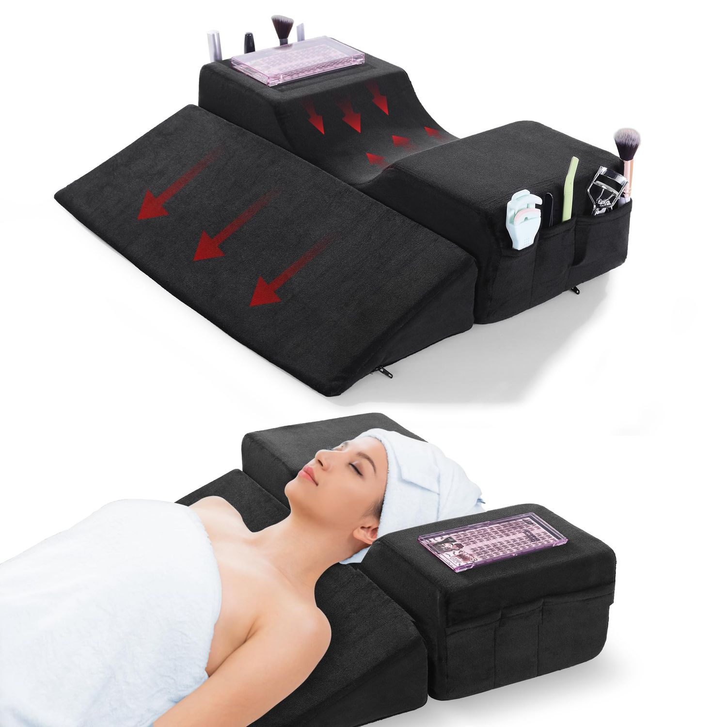 BALAPET Lash Pillows for Eyelash Extensions Ergonomic and Comfortable Velvet Memory Foam Eyelash Pillow for Neck and Back Support Pillow Side Pockets can be Placed Tools,Easy to Graft Eyelashes(Black)