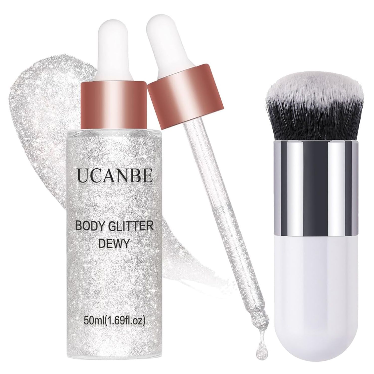 UCANBE Face Body Glitter Liquid Highlighter Illuminator Dewy Drops with Makeup Brush, Makeup Sparkle Shine Luminizer Enhancer Skin Body Shimmer Tint 50ml1.69oz (02 Silver Fairy White, Standard)