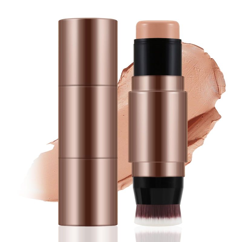 Apooliy 2 in 1 Contour and Concealer Stick with Brush,Cream Bronzer Stick,Waterproof Face Makeup Stick,Full Coverage,Long Wear
