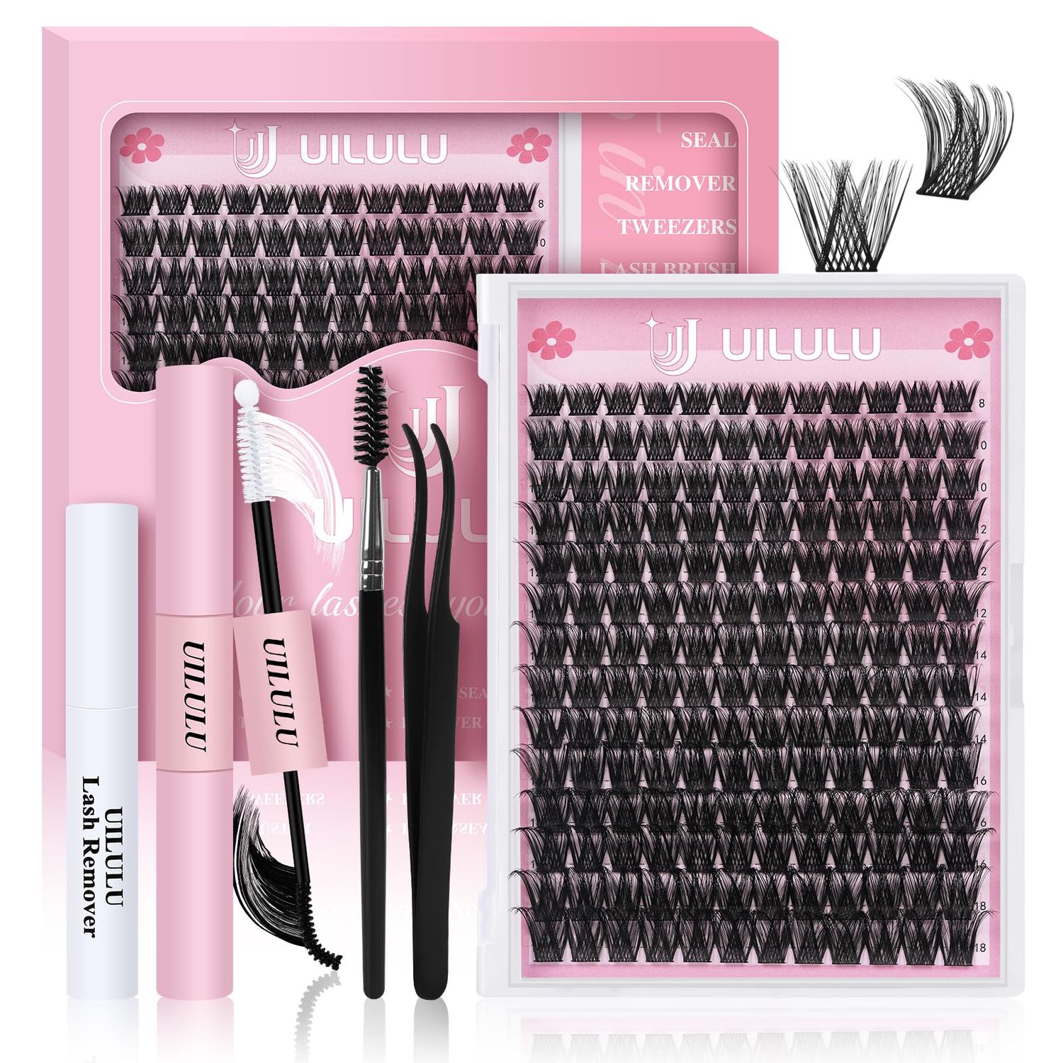 UILULU DIY Lash Clusters Kit 168 Natural Individual Clusters False Eyelashes, Lash Extension Kit with Lash Bond &amp; Seal, Lash Remover, Lash Tweezers, and Lash Brush D Curl-0.07-8-18MM (U04 Lash Kit)