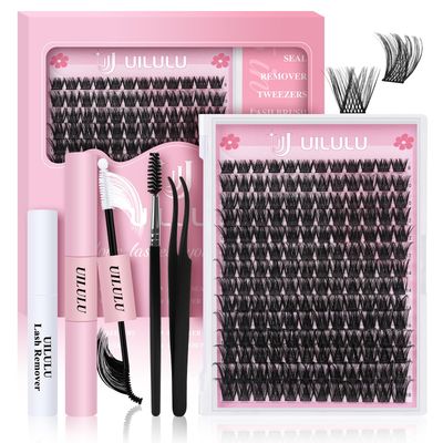 UILULU DIY Lash Clusters Kit 168 Natural Individual Clusters False Eyelashes, Lash Extension Kit with Lash Bond &amp; Seal, Lash Remover, Lash Tweezers, and Lash Brush D Curl-0.07-8-18MM (U04 Lash Kit)