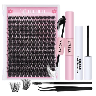 UILULU DIY Lash Clusters Kit 168 Natural Individual Clusters False Eyelashes, Lash Extension Kit with Lash Bond & Seal, Lash Remover, Lash Tweezers, and Lash Brush D Curl-0.07-8-18MM (U04 Lash Kit)