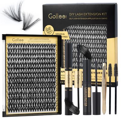 Lash Clusters Kit Individual Lash Extension Kit 280 PCS D Curl 9-16mm DIY Eyelash Extensions Kit with Lash Bond and Seal Waterproof and Cluster Lashes Glue Remover Lash Applicator by Gollee