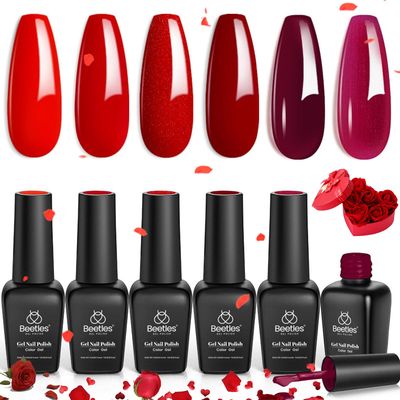 Beetles Red Gel Nail Polish Set - 6 Colors Bloody Mary Collection Popular Shimmer Red Burgundy Gel Polish Kit Nail Art Design Soak Off Uv LED Gel Nail Kit Minicure DIY Home Valentine&#39;s Day Gifts