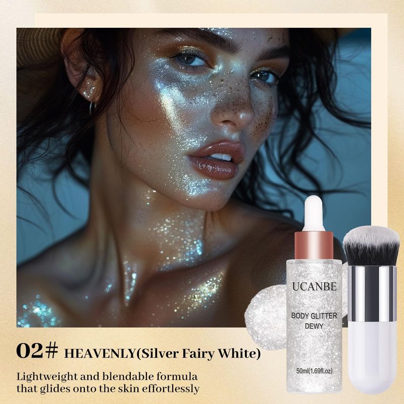 UCANBE Face Body Glitter Liquid Highlighter Illuminator Dewy Drops with Makeup Brush, Makeup Sparkle Shine Luminizer Enhancer Skin Body Shimmer Tint 50ml1.69oz (02 Silver Fairy White, Standard)