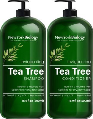 New York Biology Tea Tree Shampoo and Conditioner Set - Deep Cleanser - Relief for Dandruff and Dry Itchy Scalp - Therapeutic Grade - Helps Promote Hair Growth - 16.9 Fl Oz