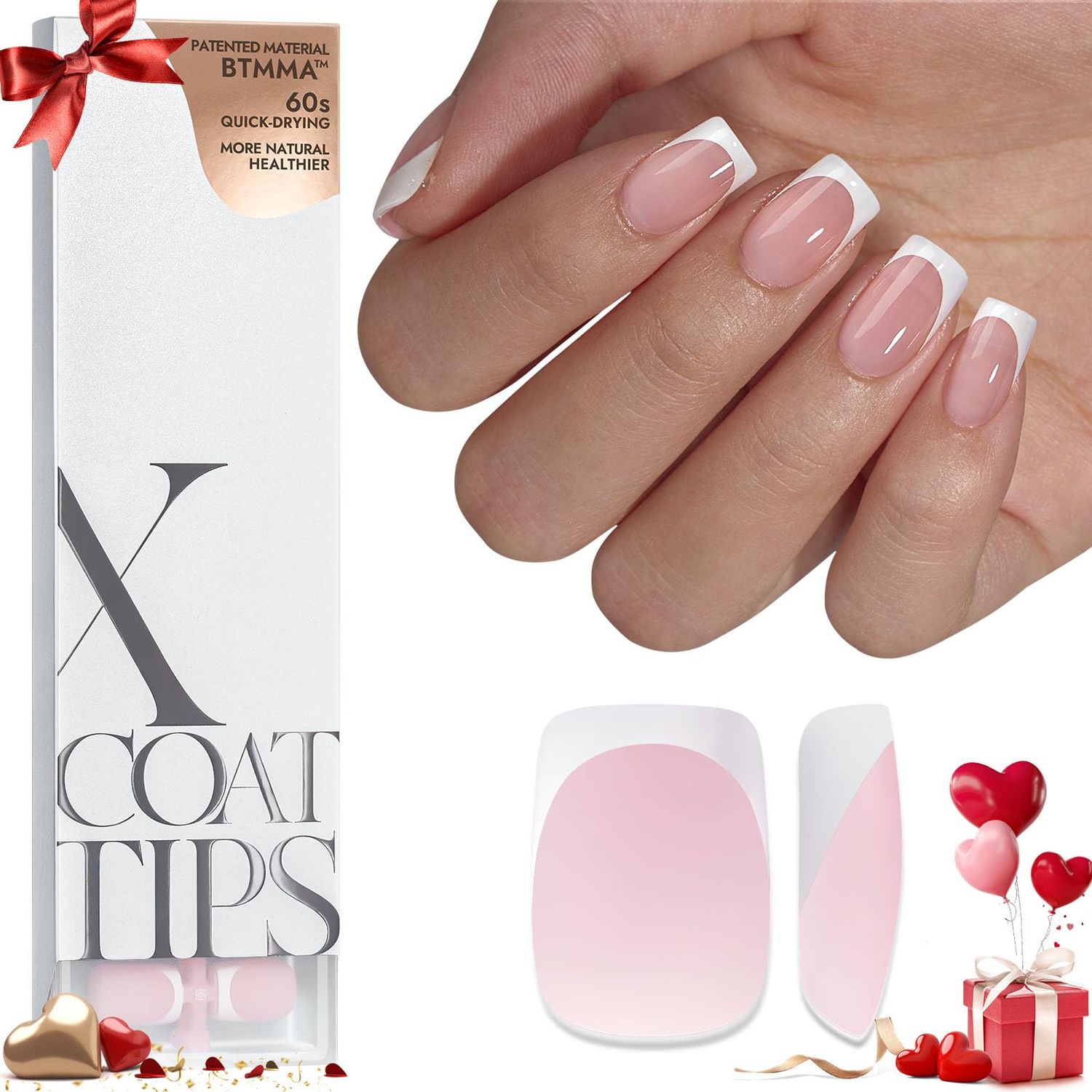 BTArtboxnails XCOATTIPS French Tip Nails - Short Press On Nails, 160 Pcs Pink Square Soft Gel Nail Tips Pre-applied Tip Primer &amp; Base Coat, No Need File False Nails for Valentines Day Gift, 16 Sizes