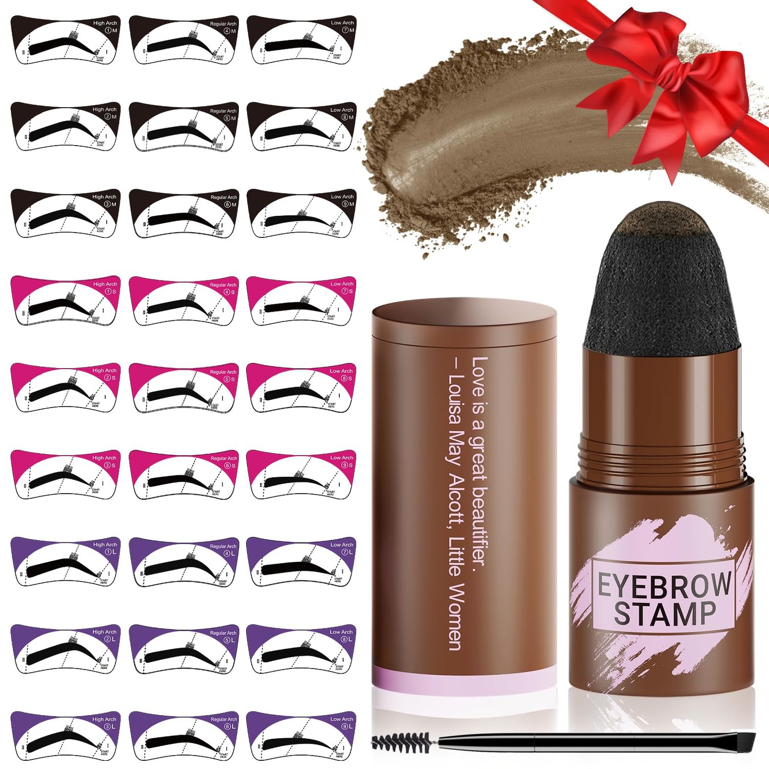 Eyebrow Stamp Stencil Kit - Eyebrow Powder, Makeup for Natural-Looking Brows, Eyebrow Stamp Kit with 27 Reusable Stencils, Easy to Use, Waterproof &amp; Smudge-Proof, Long-Lasting, Light Brown