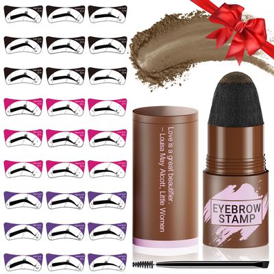 Eyebrow Stamp Stencil Kit - Eyebrow Powder, Makeup for Natural-Looking Brows, Eyebrow Stamp Kit with 27 Reusable Stencils, Easy to Use, Waterproof &amp; Smudge-Proof, Long-Lasting, Light Brown