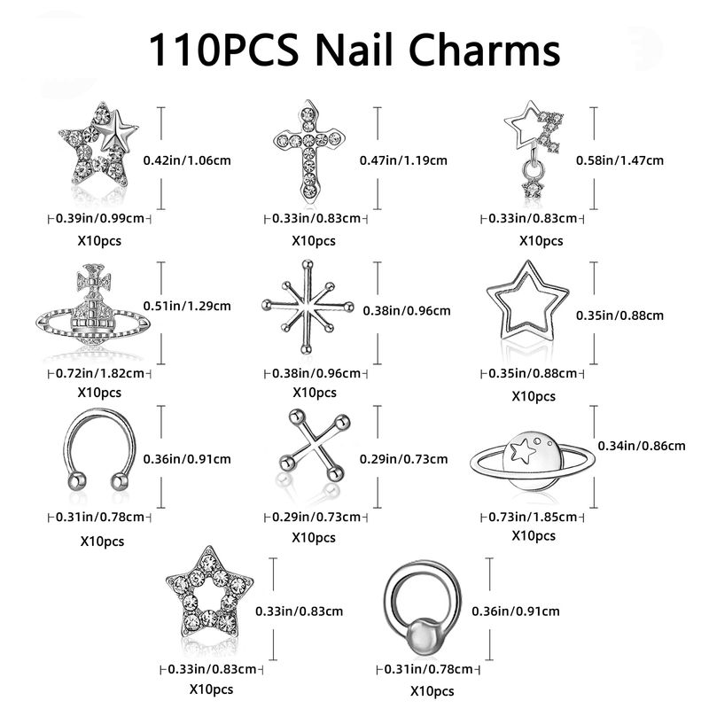 Nail Charms - 110 PCS Nail Charms Bulk Set with Star Nail Charms Bling Cross Cute Planet Alloy Nail Charms and Gems 3D Silver Y2K Nail Charms with Rhinestones Nail Art Accessories