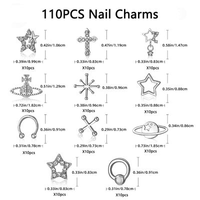 Nail Charms - 110 PCS Nail Charms Bulk Set with Star Nail Charms Bling Cross Cute Planet Alloy Nail Charms and Gems 3D Silver Y2K Nail Charms with Rhinestones Nail Art Accessories