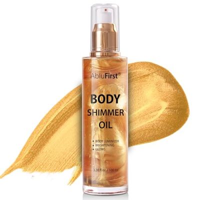 AbluFirst Shimmer Body Oil 100ml Summer Body Glitter Moisturizing Light Shimmer Glow Non-Sticky Summer Body Luminizer and Illuminator Smooth (3.38 Fl Oz (Pack of 1), Gold)