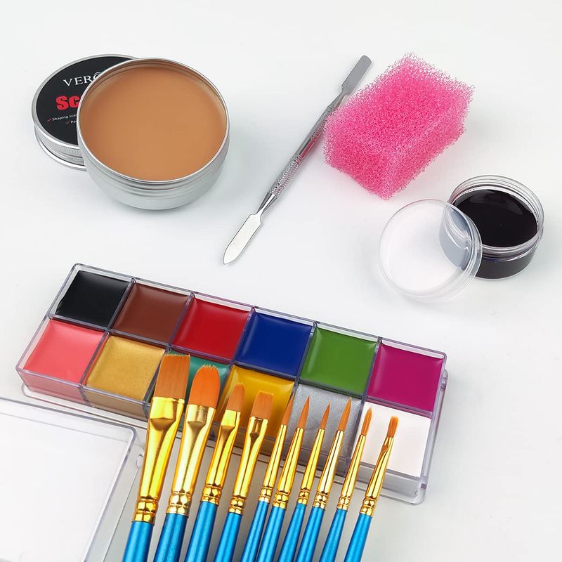 VERONNI SFX Makeup kit 12 Colors Face Body Paint Oil96gHalloween Makeup with Special Effects Wound Scar Wax, Fake Scab Blood, Spatula, 10 Brushes,1 Stipple Sponge (02)
