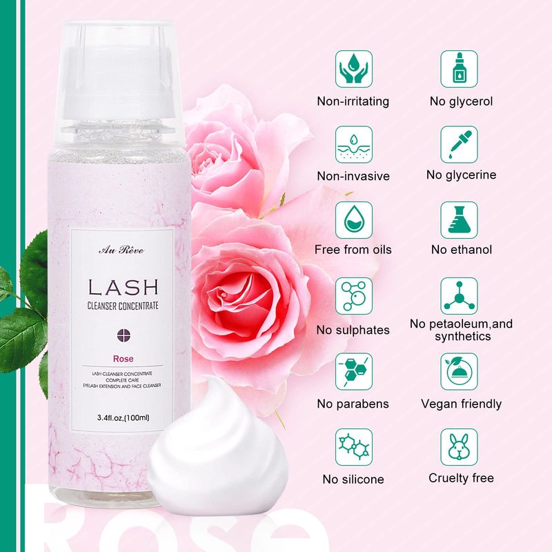 AuReve Eyelash Cleanser Concentrate 100ml prolong lash Cleanser Oil-Free Eyelash Extension Shampoo Perfect for Professional Salon-Can Make Ten 60ml bottles of Lash ShampooRose