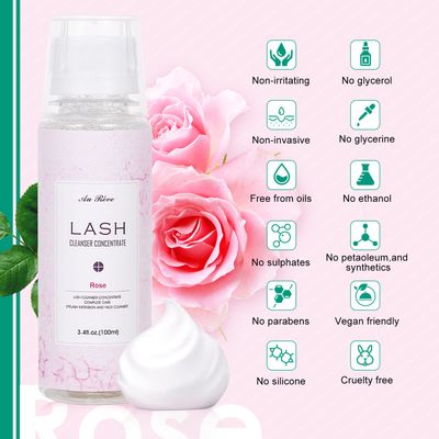 AuReve Eyelash Cleanser Concentrate 100ml prolong lash Cleanser Oil-Free Eyelash Extension Shampoo Perfect for Professional Salon-Can Make Ten 60ml bottles of Lash ShampooRose