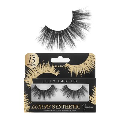 Lilly Lashes Luxury Synthetic DRAMA False Eyelashes - Full Length Lash Extension 17mm - Ultra Dramatic Look &amp; Volume - Round Shape - Reusable Fake Lashes 15x - Lash Glue not Included (Flashy)