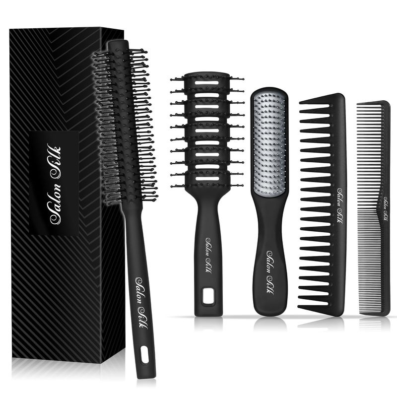 SalonSilk Hair Brush for Men, 5Pcs Men Hair Brush Professional Styling Comb Set for All Hair Types and Styles, No More Tangle Hairbrush for Dry or Wet Pick Barber Brush Tools