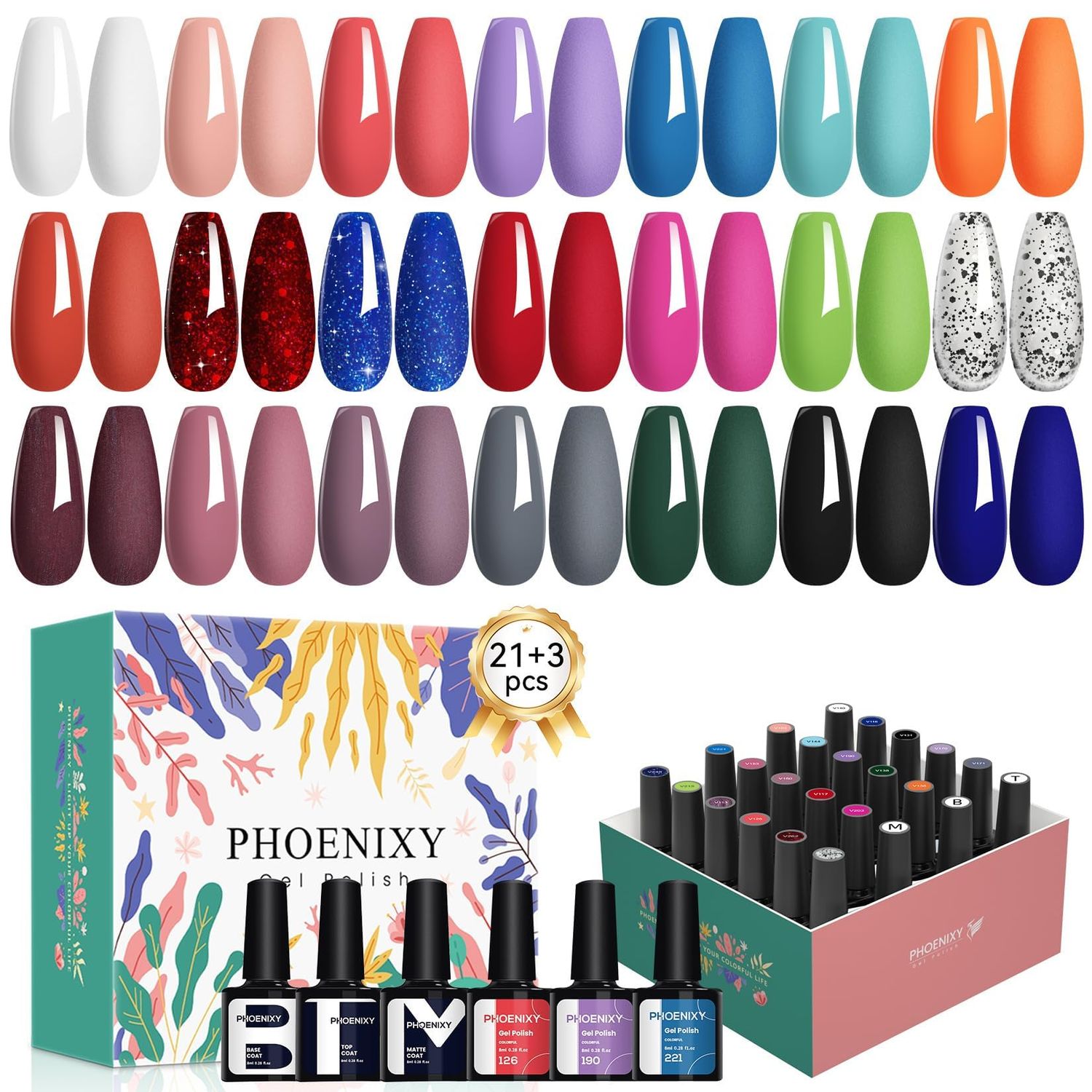 PHOENIXY 24 PCS Gel Nail Polish Set, Gel Nail Polish Kit with Base Glossy Matte Top Coat Brown Black Gray Red Nail Polish Set Starter Kit Nail Kit Gifts for Women