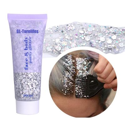 GL-Turelifes Chunky Glitter Gel Glitter Body Gel Festival Glitter Cosmetic Face Hair Nails Makeup Mermaid Sequins Liquid Eyeshadow Long Lasting Sparkling 50ml Easy to Apply &amp;Remove (#05 Silver)