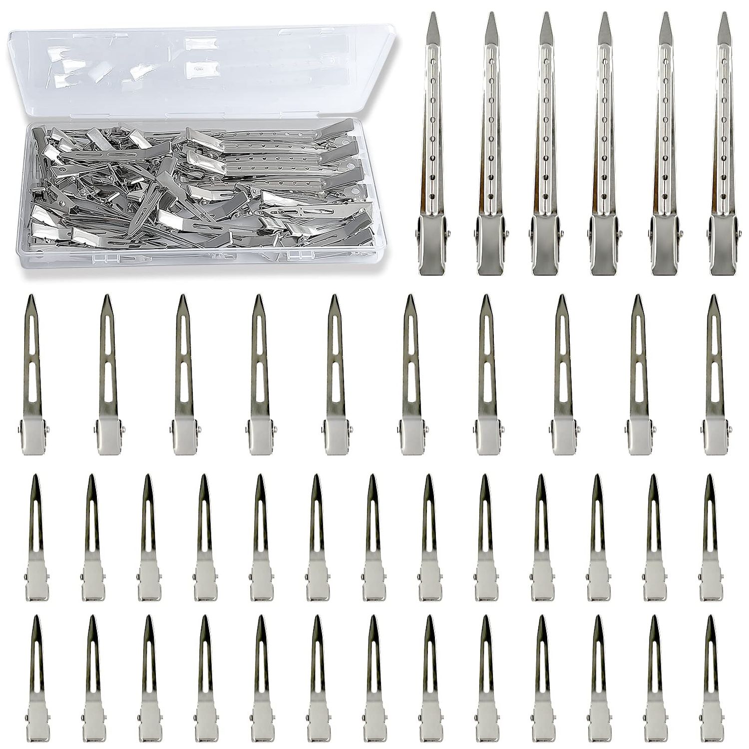 TseroFay 42Pcs Styling Hair Clips Set Silver Metal Duck Billed Clips for Women&#39;s Hairstyling, Long Duckbill Pins, Alligator Rollers with Case