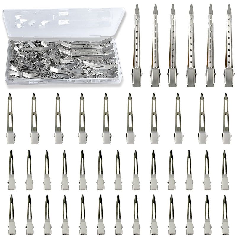 TseroFay 42Pcs Styling Hair Clips Set Silver Metal Duck Billed Clips for Women's Hairstyling, Long Duckbill Pins, Alligator Rollers with Case
