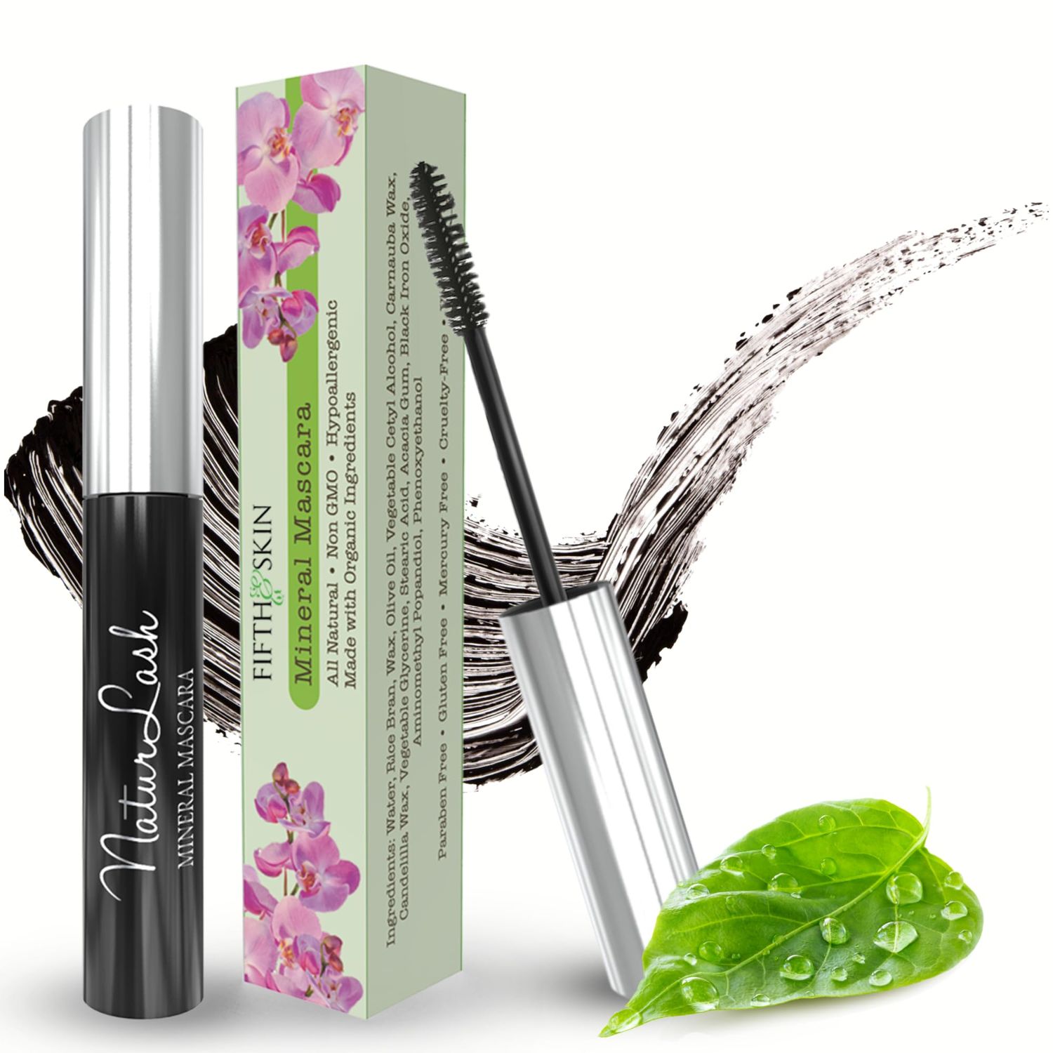 Fifth &amp; Skin NATURLASH Natural Mascara (BLACK) - Hypoallergenic Mascara for Sensitive Eyes - Vegan &amp; Cruelty Free Mascara - Gluten Free - Paraben Free - Nourish, Lengthen &amp; Thicken