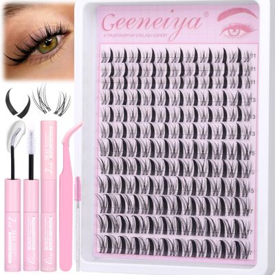 Manga Lash Clusters Kit Clear Band D Curl Eyelash Clusters and Lash Glue Natural Individual Lashes Wispy DIY Lash Extension Kit with Professional Lash Bond and Seal for Beginners by Geeneiya (11-17mm)