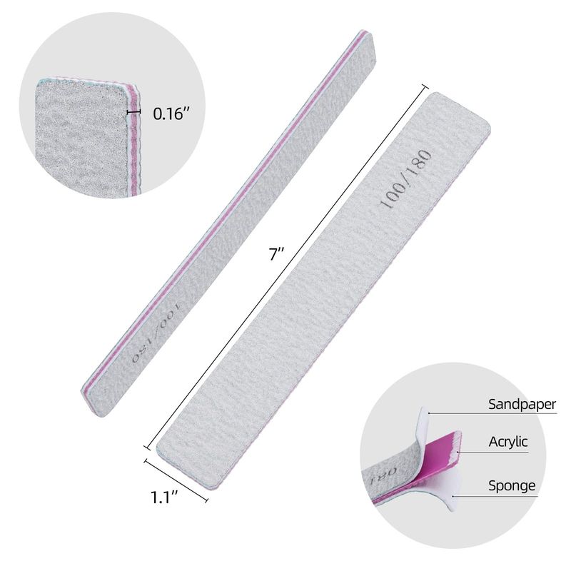25 Pack 100180 Grit Nail Files for Acrylic Nails, Rectangle Double Sides Emery Boards Fingernail Files Professional Nail Buffering Files
