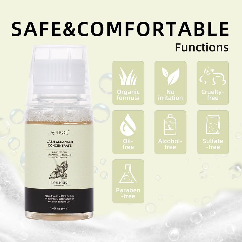 ACTROL Eyelash Cleanser Concentrate 60ml Unscented Professional Lash Shampoo Foaming Cleanser DIY Wash for Extensions Lashes with Salon Home Care-Makes 6 Bottles