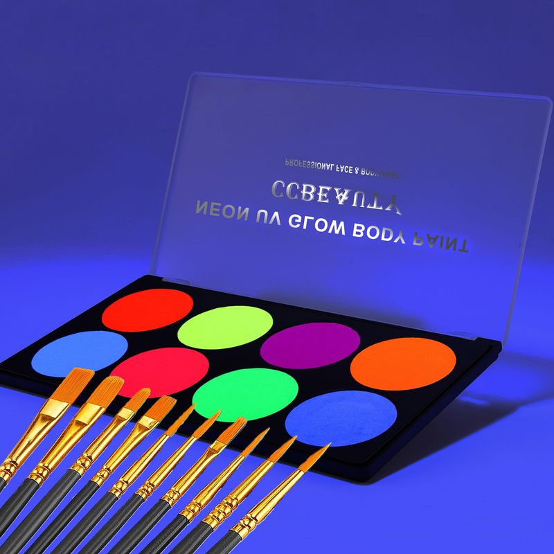CCbeauty Large UV Glow Face Body Paint Palette, 8 Neon Glow In BlackLights Painting Kit, Water Activated Eye Liner, Safe Washable for Kids Adult, Halloween Costume Masquerades Club Makeup  10 Brushes