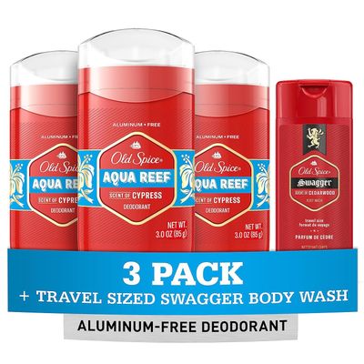 Old Spice Men&#39;s Deodorant Aluminum-Free Aqua Reef, 3.0oz Pack of 3 with Travel-Size Swagger Body Wash