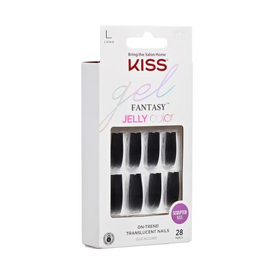 KISS Jelly Fantasy Fake Nails - Jelly Gele, Black Sculpted, Long Square Translucent, Ready To Wear, Professional Quality, Minutes To Apply, Easy Removal| 28 Count