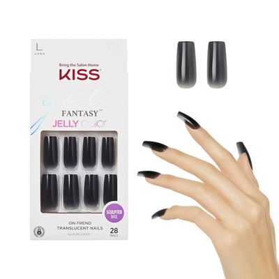 KISS Jelly Fantasy Fake Nails - Jelly Gele, Black Sculpted, Long Square Translucent, Ready To Wear, Professional Quality, Minutes To Apply, Easy Removal| 28 Count