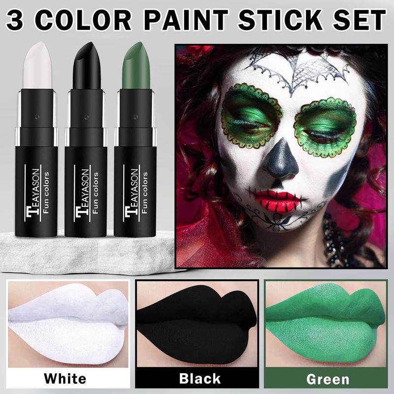 DAMUSI 3 Colors Body Face Paint Sticks Professional Eye Black Baseball Softball Football,Halloween Joker Clown Cosplay Makeup for Adults and KidsWhiteBlackGreen Eye Black Sticks